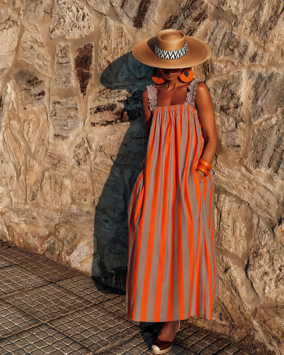 Vestido Cádiz en Naranja y Khaki con Bolsillos | Talla Única