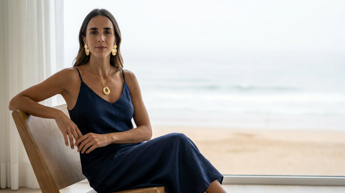 Vestido slip dress azul marino con joyería dorada frente al mar1621243260e1af0c20-102