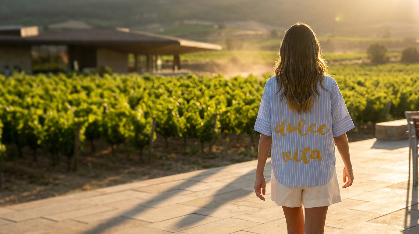 Camisa de rayas azules con bordado dorado Dolce Vita entre viñedos al atardecer1621243260e1af0c20-103