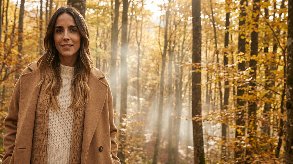 Abrigo de lana camel en bosque de hayas otoñal — Andrómeda Moda1621243260e1af0c20-101