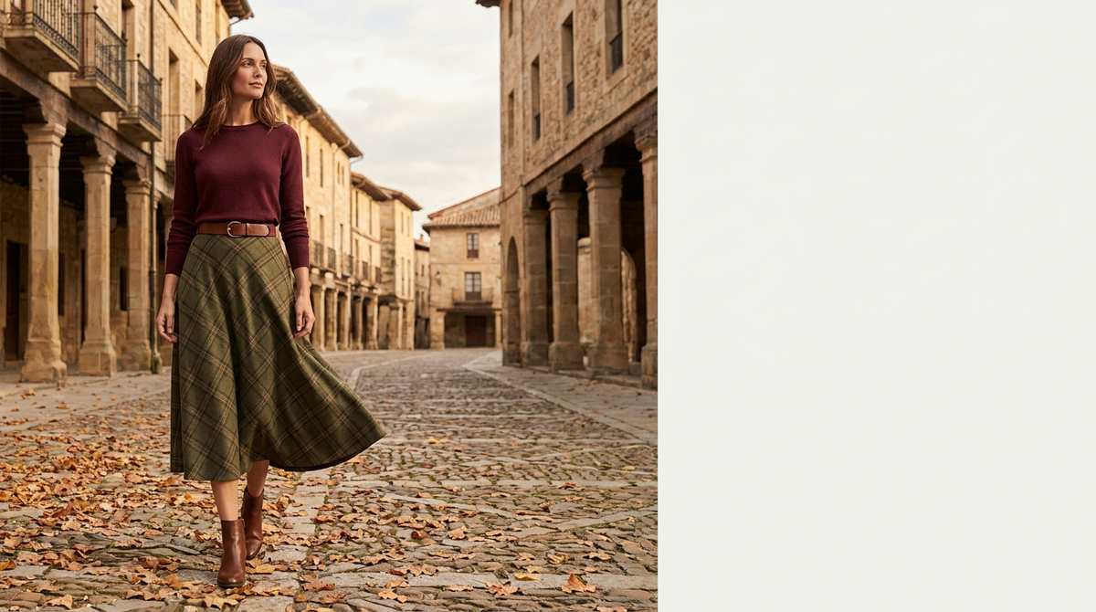 Falda de cuadros Kate en pueblo porticado del norte en otoño — Andrómeda Moda1621243260e1af0c20-102