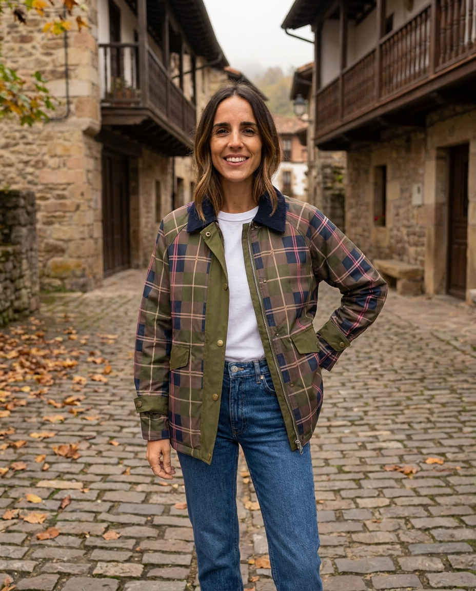 Chaqueta Marta de cuadros con cuello de pana, cuerpo completo — Andrómeda Moda
