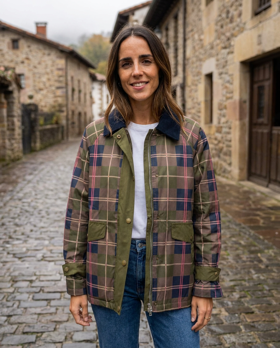Detalle de la Chaqueta Marta: tartán, cremallera y botones dorados — Andrómeda Moda