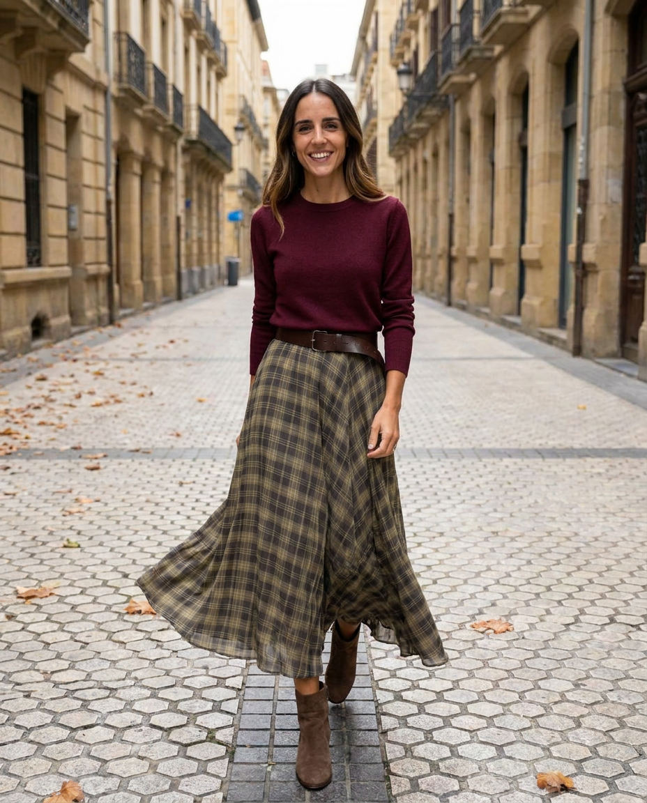 Falda Kate en cuadros verde oliva con vuelo, look con jersey burdeos — Andrómeda Moda