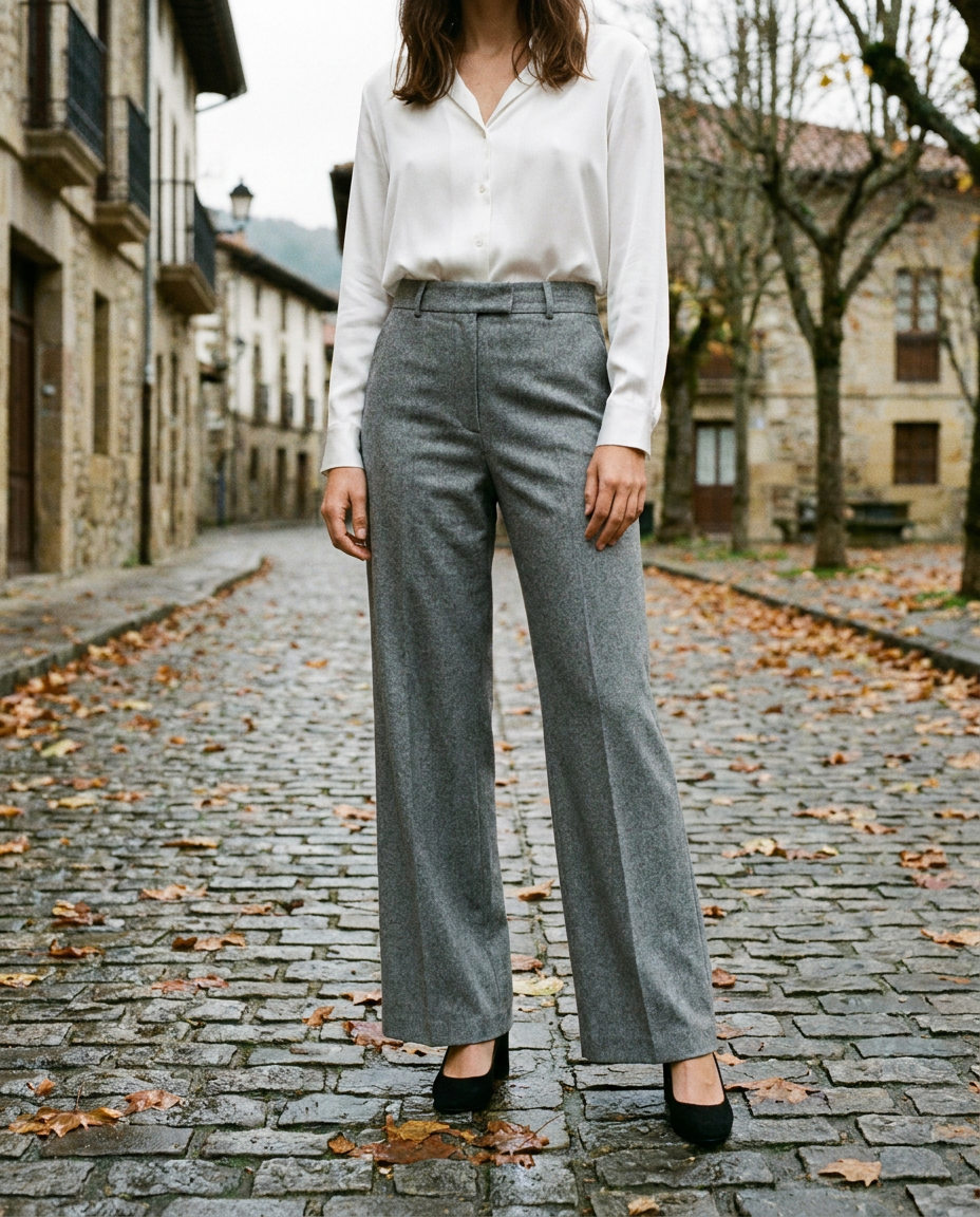 Pantalón Lucía wide-leg gris con blusa blanca, calle del norte — Andrómeda Moda