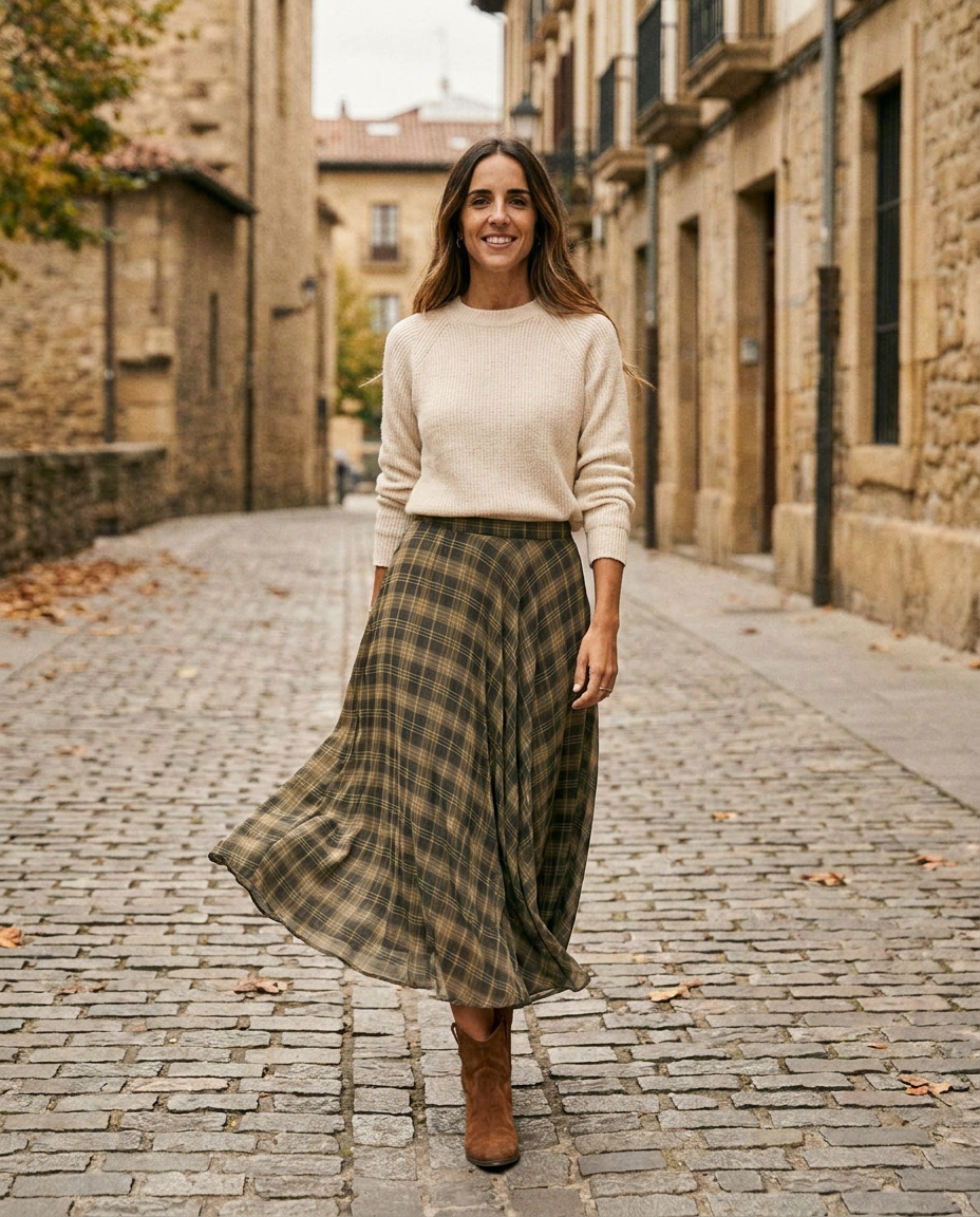 Falda Kate midi de vuelo en cuadros verde oliva, cuerpo entero — Andrómeda Moda