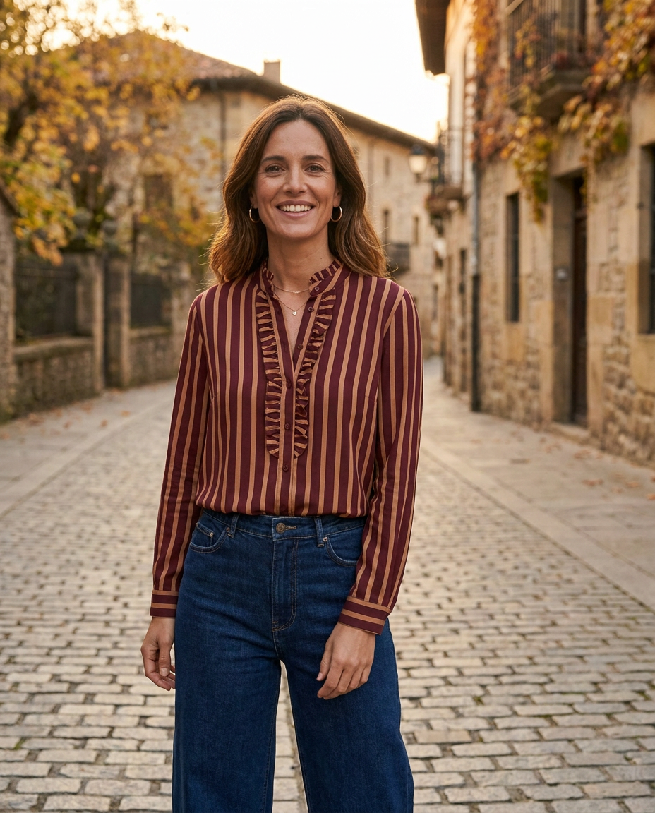 Blusa Andersen de rayas burdeos y cámel con volante, look con vaqueros — Andrómeda Moda