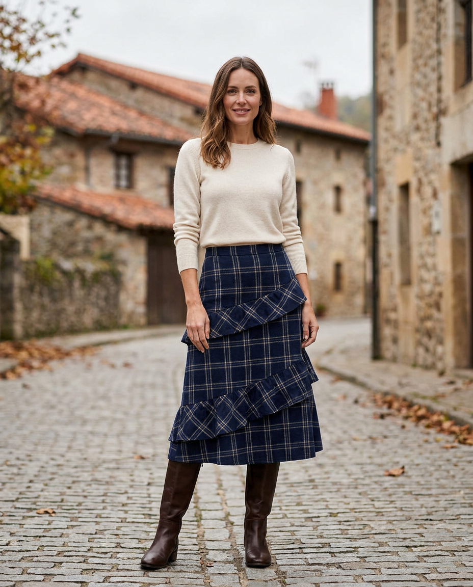 Falda Arielle azul marino con volantes, look con jersey crema — Andrómeda Moda