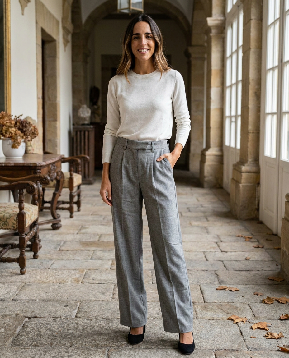 Pantalón Lucía wide-leg gris con blusa blanca, calle del norte — Andrómeda Moda