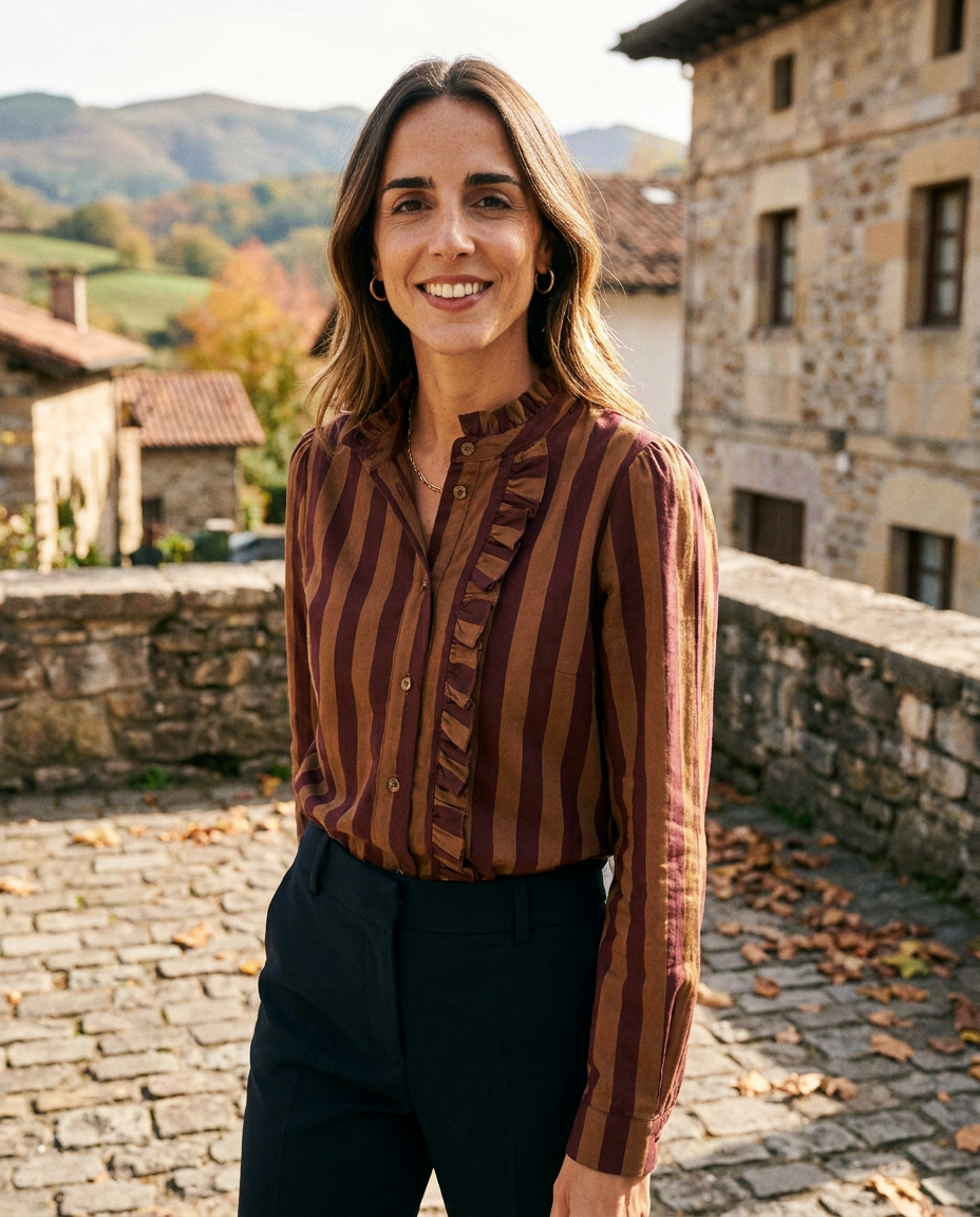 Blusa Andersen de rayas burdeos y cámel con volante, look con vaqueros — Andrómeda Moda