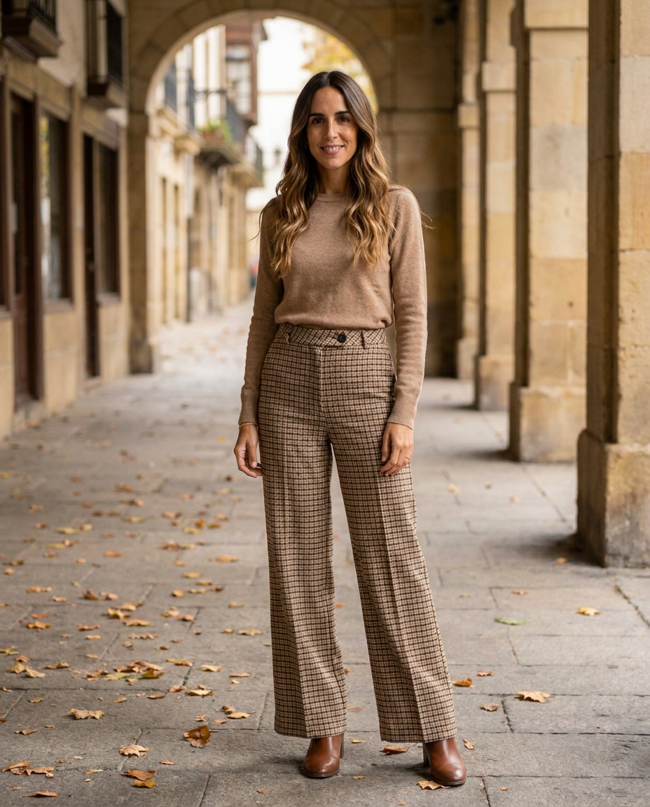 Pantalón Salamanca wide-leg de micro-cuadro cámel, calle porticada del norte — Andrómeda Moda