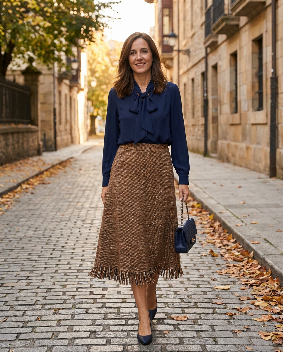Falda Fenella midi de tweed marrón con bajo de flecos, look con blusa azul marino — Andrómeda Moda