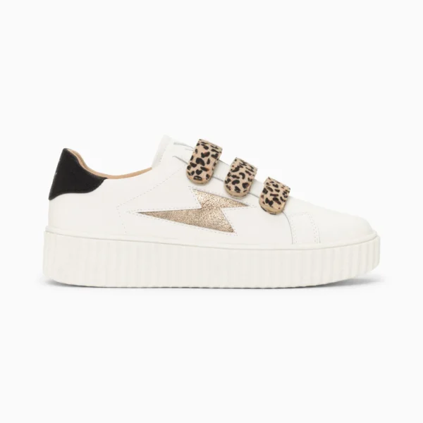 Zapatillas para mujer Vanessa Wu Maggie en Blanco y Oro con Cierres de Velcro de Leopardo – Estilo y Comodidad en Cada Paso - Imagen 4